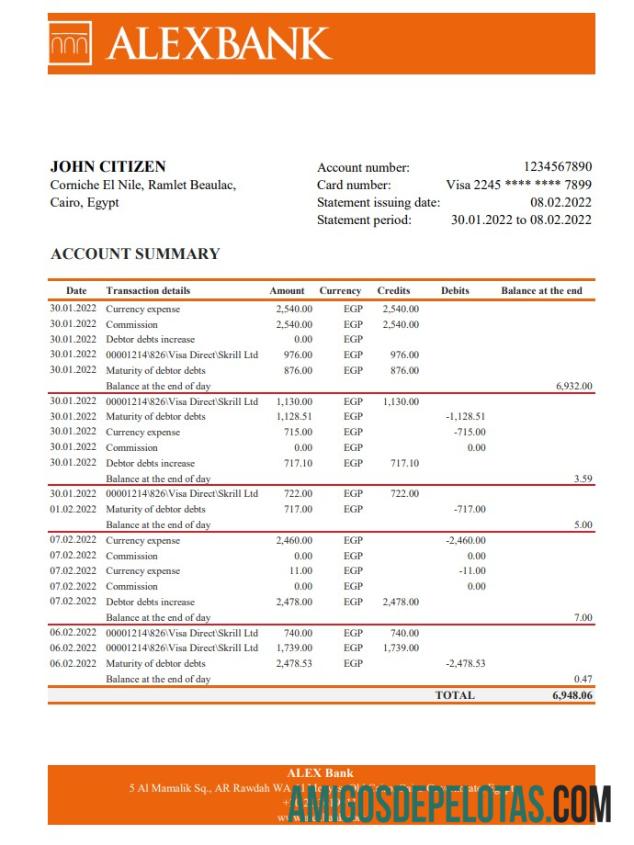 Egypt Alex Bank Statement Xls amostra